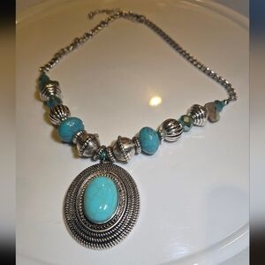 Silver Tone Western Necklace W/Faux Turquoise Oval Pendant Beads Adjustable NEW